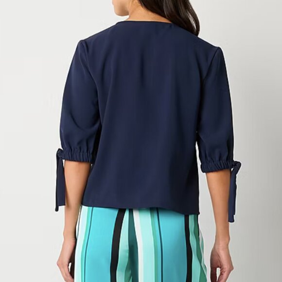 Worthington Womens V Neck Elbow Sleeve Blouse Navy, Size XL NEW - Picture 2 of 6